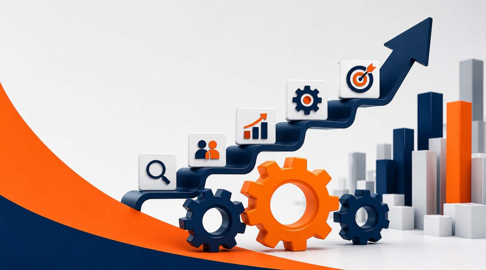 Business growth staircase with operational gears, performance metrics, and strategic goals